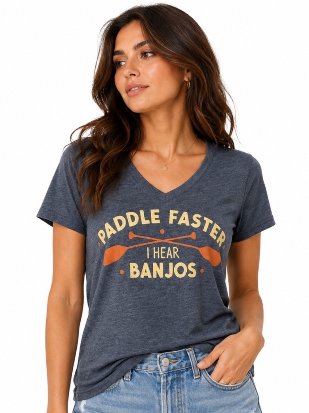 Paddle Faster I Hear Banjos Funny Graphic V-Neck Tee Size S